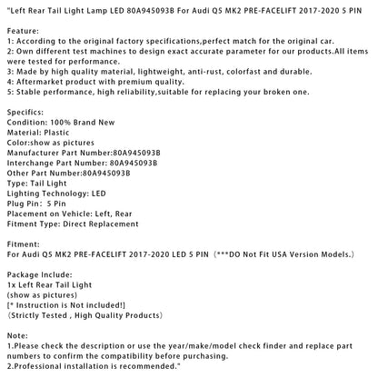 Fanale posteriore sinistro Audi Q5 MK2 PRE-FACELIFT 2017-2020, LED, 5 PIN, 80A945093B