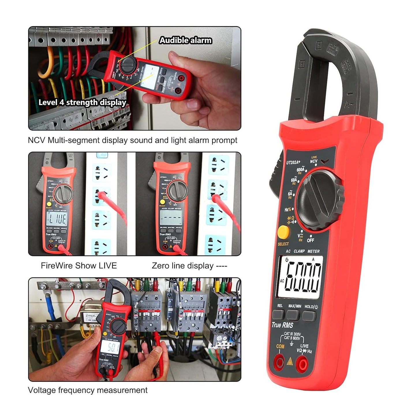 Pinza amperometrica digitale UT202A+, 6000 conteggi, selezione automatica della portata, True RMS, multimetro NCV.