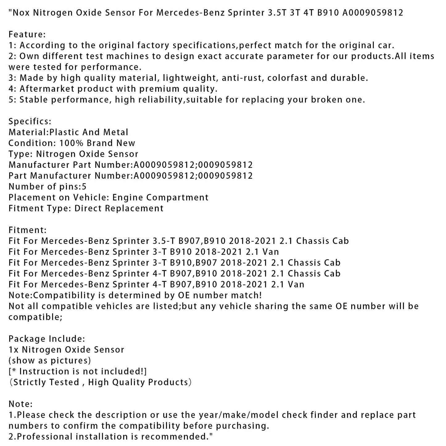 Sensore di ossido di azoto Nox A0009059812 Mercedes-Benz Sprinter 4-T B907,B910 2.1 Van 2018-2021