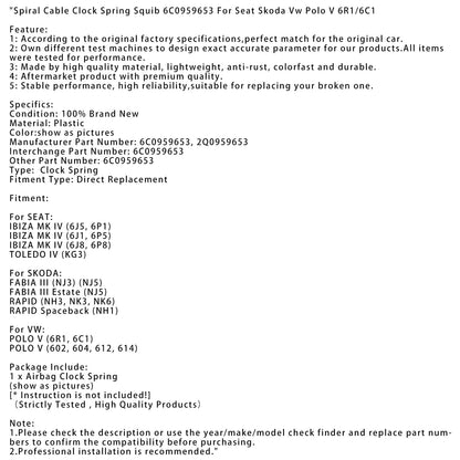 Molla per orologio con cavo a spirale Squib 6C0959653 per Seat Skoda Vw Polo V 6R1/6C1