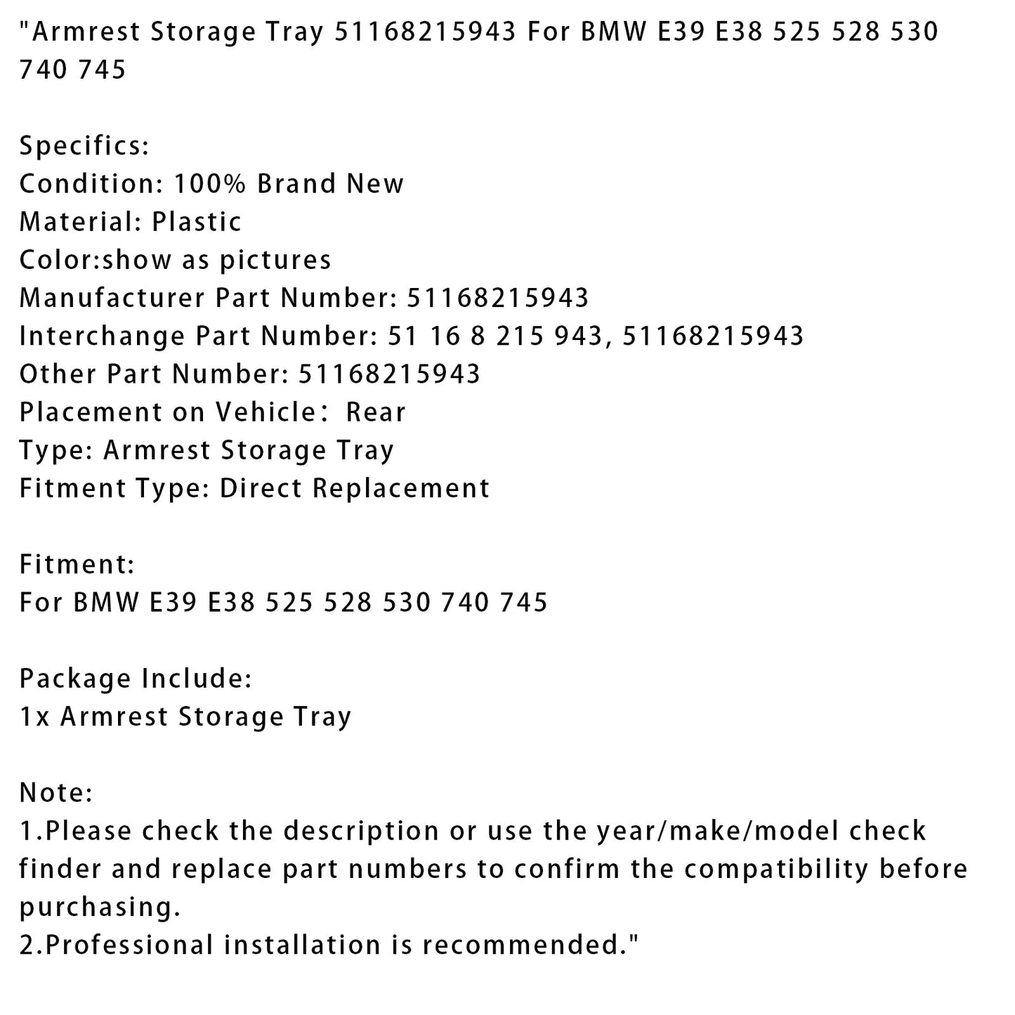 BMW E39 E38 525 528 530 740 745 Vassoio portaoggetti per bracciolo 51168215943