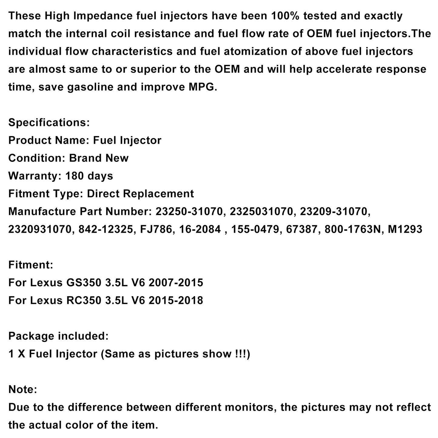 Iniettore di carburante 6 pezzi 23250-31070 adatto per Lexus GS350 3.5L V6 2007-2015 adatto per RC350