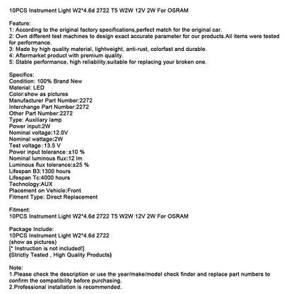 10 pezzi di luce per strumenti W2*4.6d 2722 T5 W2W 12V 2W per OSRAM