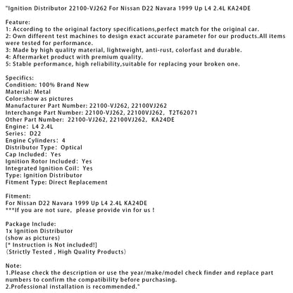 Distributore di accensione Nissan D22 Navara L4 2.4L KA24DE dal 1999 in poi 22100-VJ262