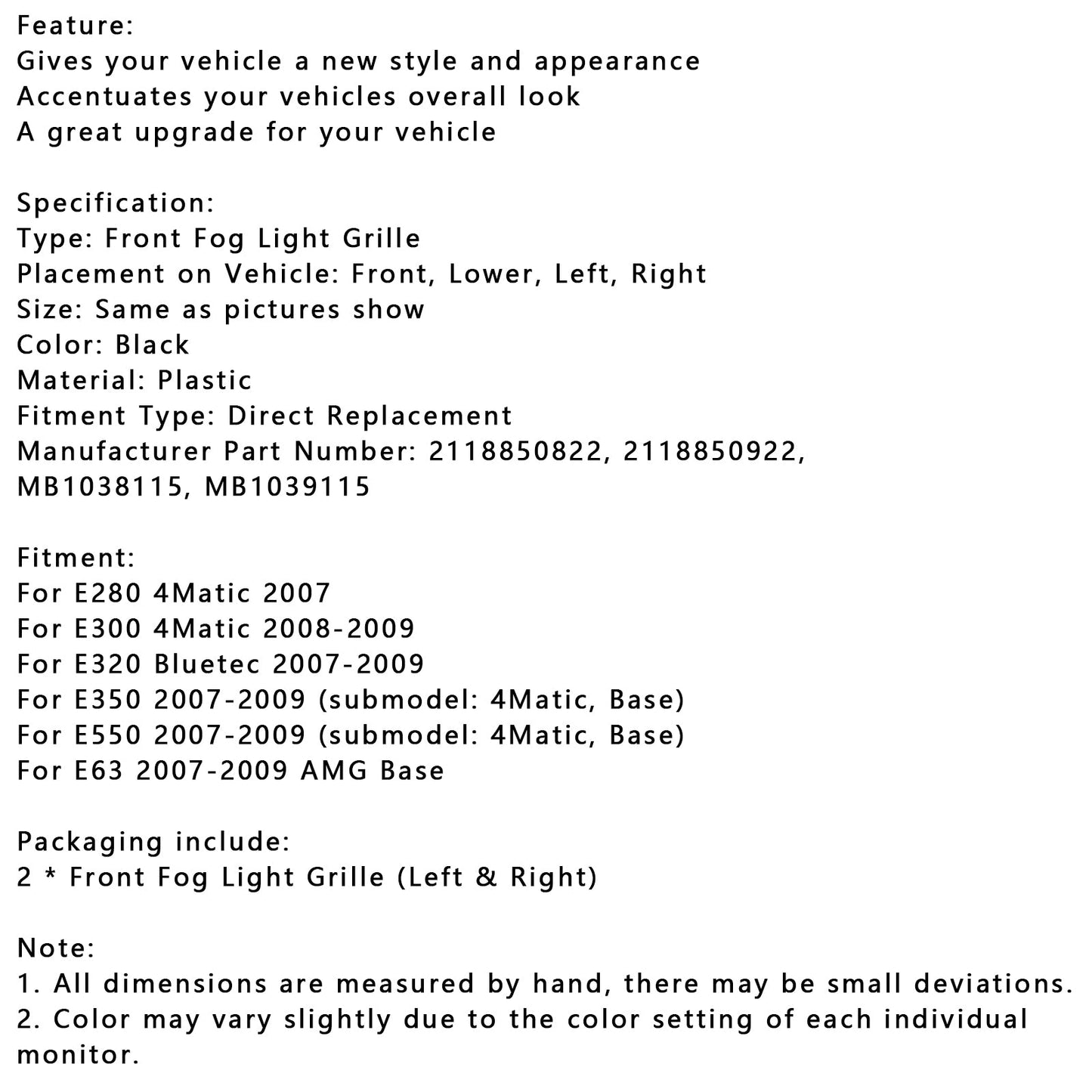 Mercedes Benz Classe E W211 E280 4Matic 2 pezzi Set di finiture per fendinebbia 2118850822 MB1038115