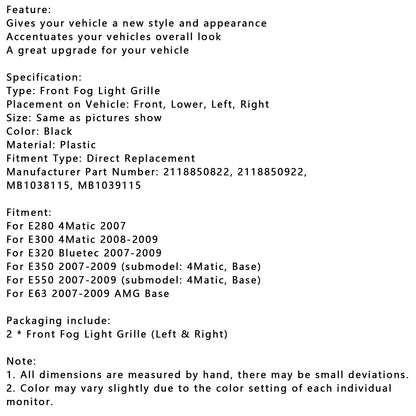 Mercedes Benz Classe E W211 E280 4Matic 2 pezzi Set di finiture per fendinebbia 2118850822 MB1038115