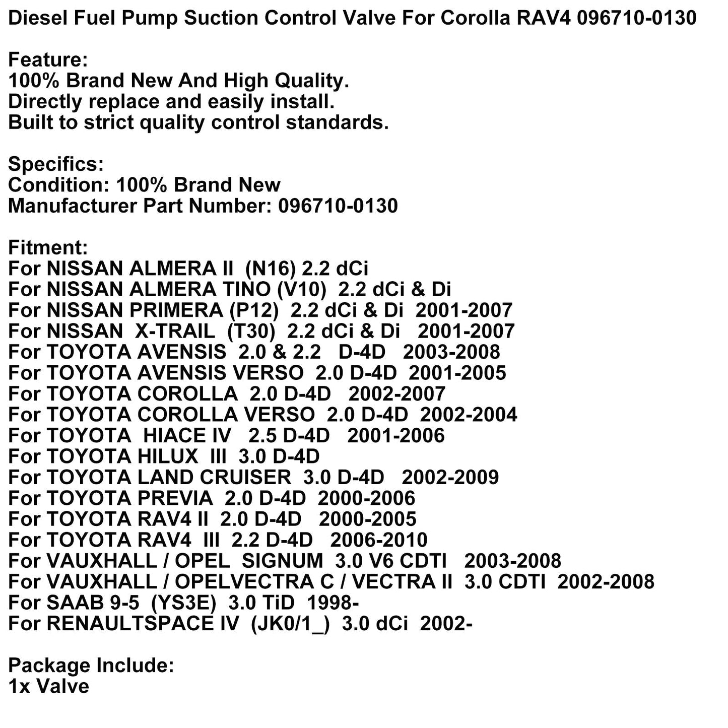 2001-2005 TOYOTA AVENSIS VERSO 2.0 D-4D Valvola di controllo dell'aspirazione della pompa del carburante diesel 096710-0130