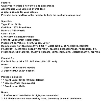 Griglia paraurti anteriore Ford Focus ST + ST Line MK4 2018-2021 nera