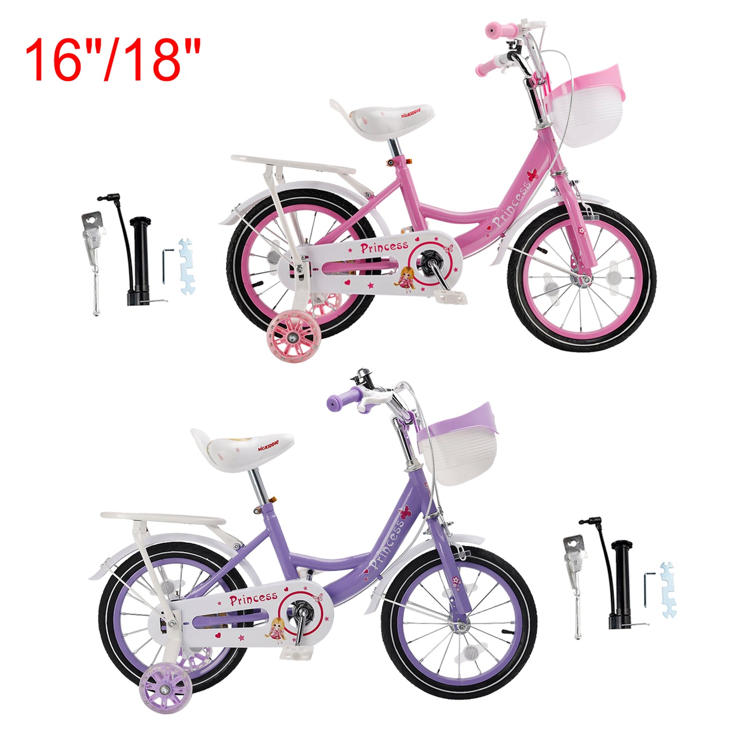 Bicicletta da principessa per bambini da 18" per ragazze, con ruote da allenamento rimovibili, rosa/viola