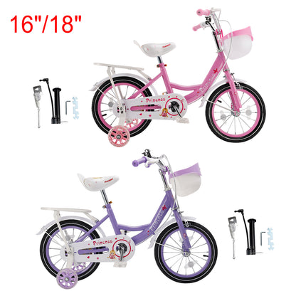 Bicicletta da principessa per bambini da 18" per ragazze, con ruote da allenamento rimovibili, rosa/viola