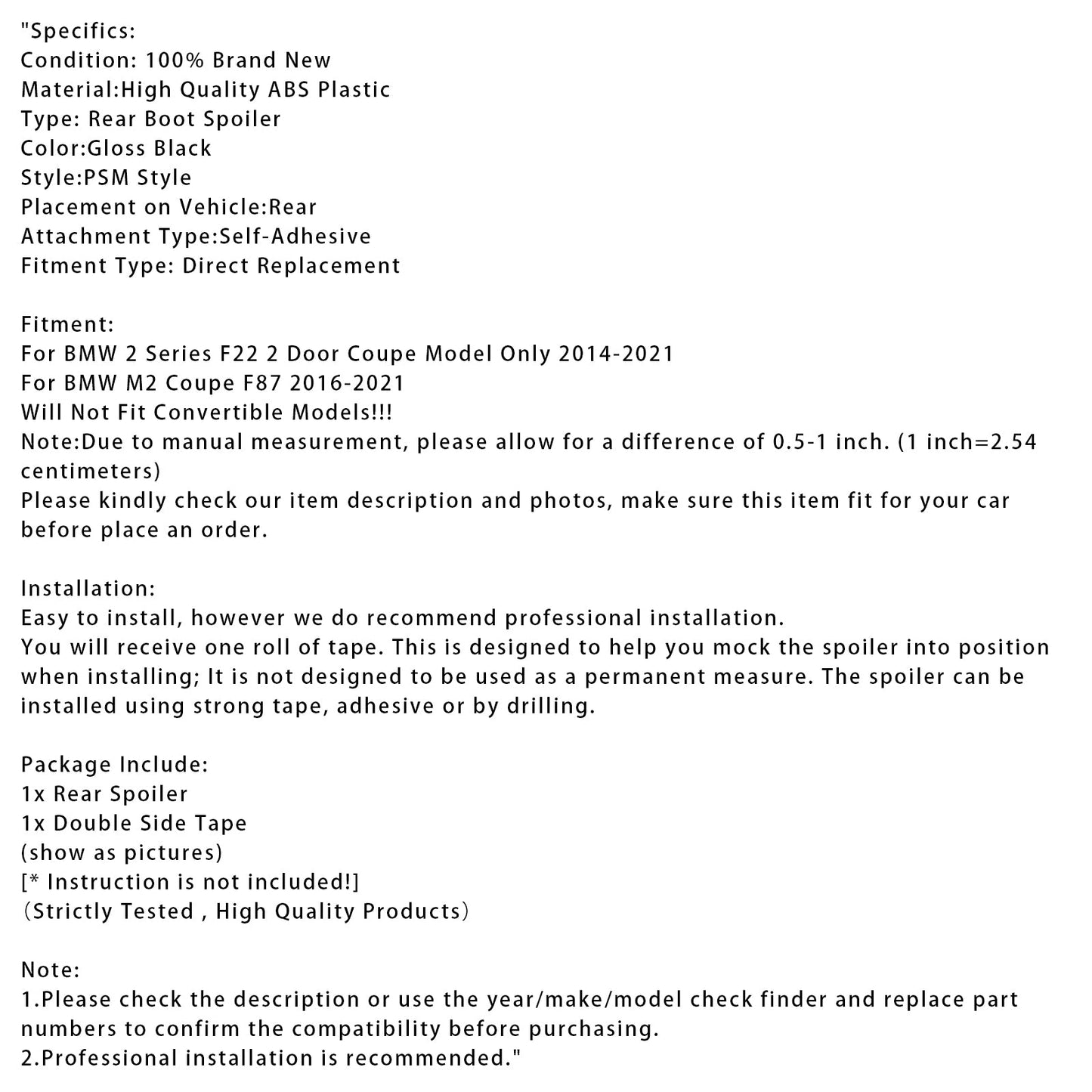 Spoiler posteriore nero lucido per BMW Serie 2 F22 F87 14-21 Coupé PSM Style