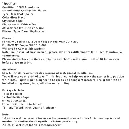 Spoiler posteriore nero lucido per BMW Serie 2 F22 F87 14-21 Coupé PSM Style