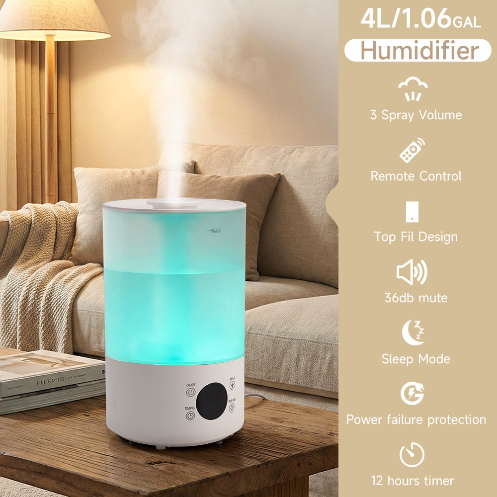 Umidificatore 4L per camera, baby e piante, silenzioso, con ugello a 360°, spegnimento automatico e luce colorata