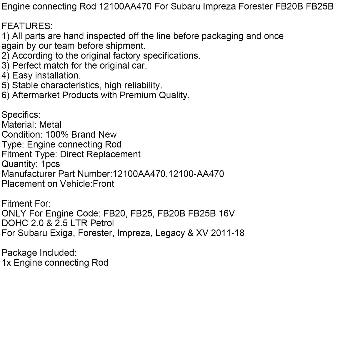 Biella motore 12100AA470 per Subaru Impreza Forester FB20B FB25B