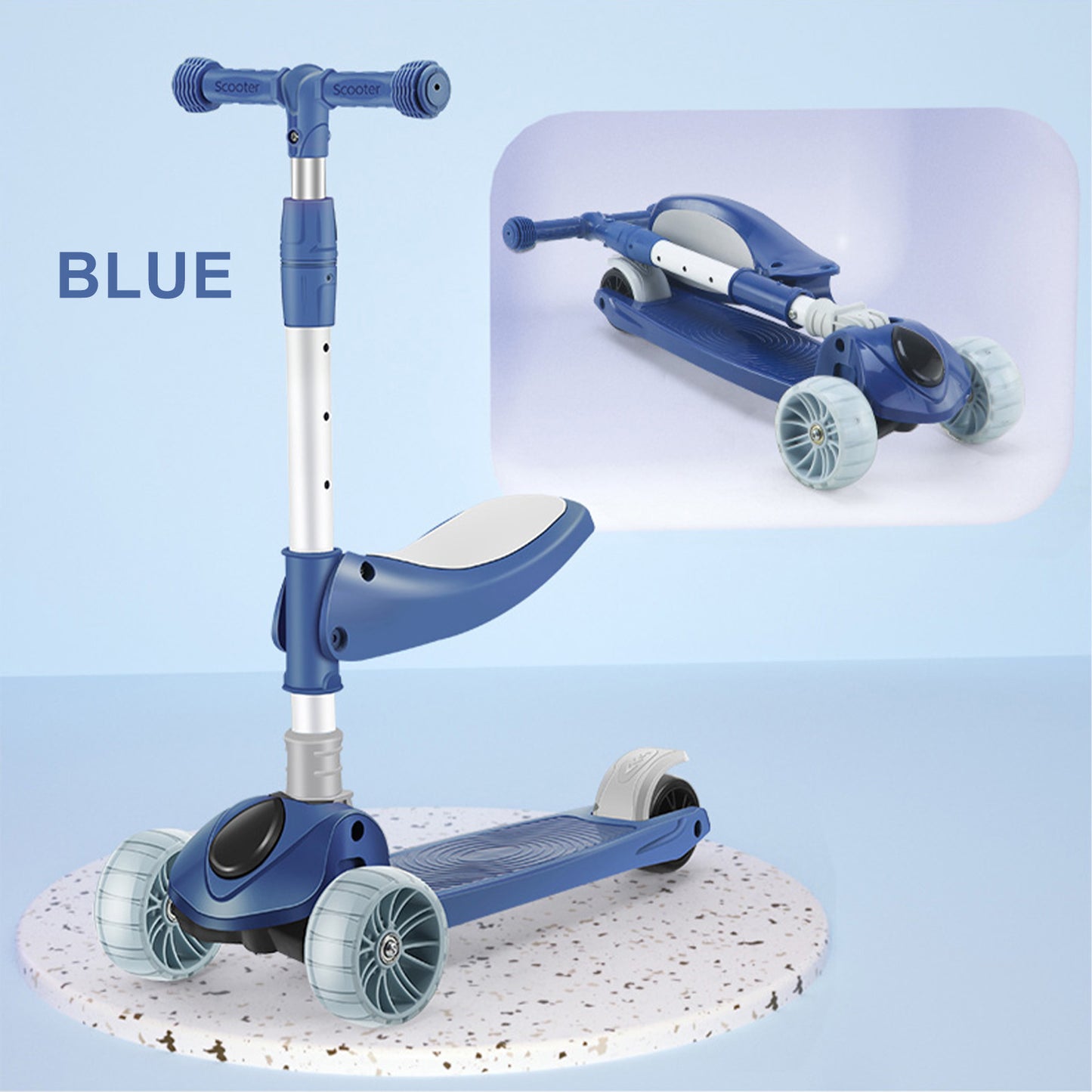 2-in-1 bambini scooter pieghevole seduta luce 3 ruote regolabile pieghevole barra blu/rosa