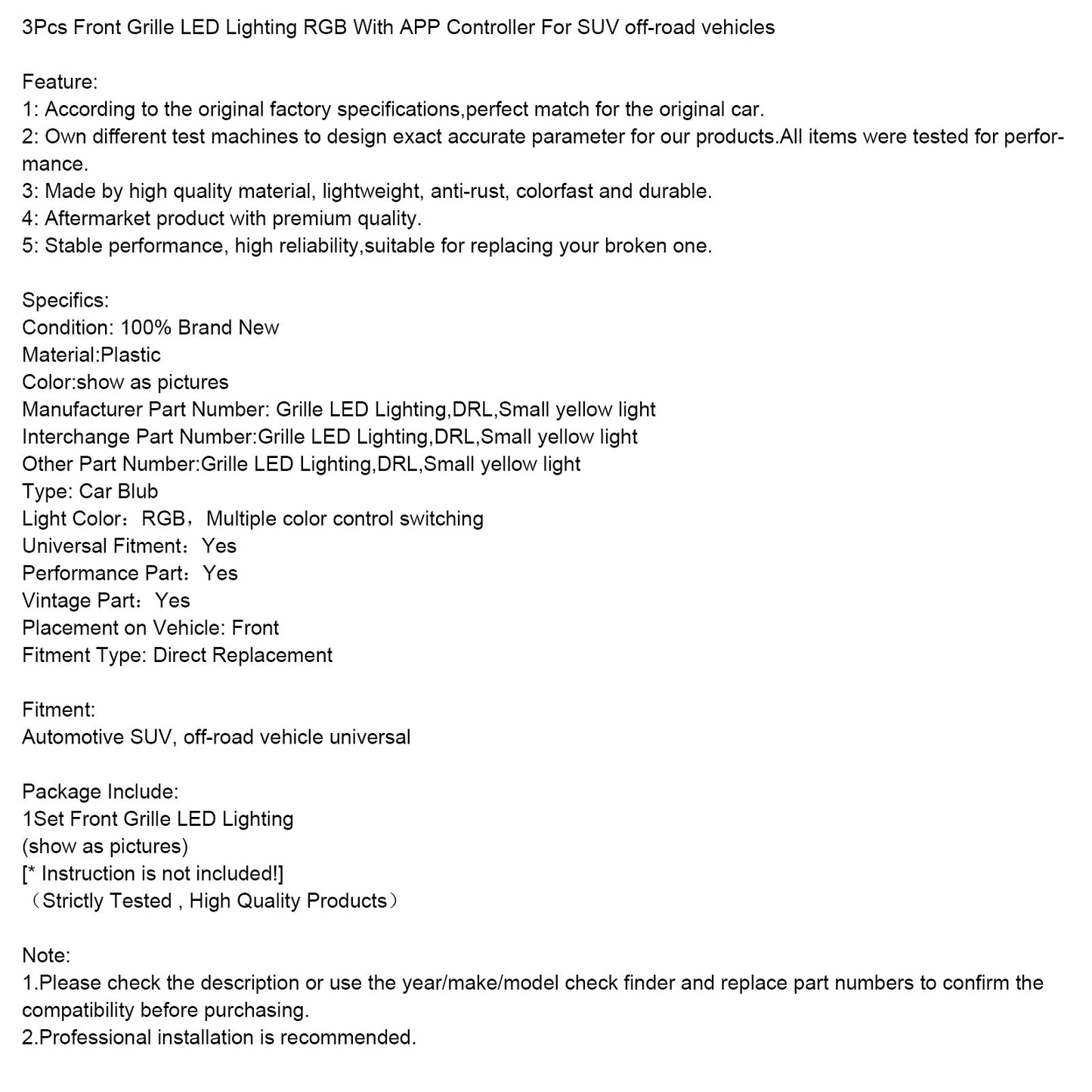 3 pezzi di illuminazione a LED RGB per griglia anteriore con controller APP per veicoli SUV fuoristrada