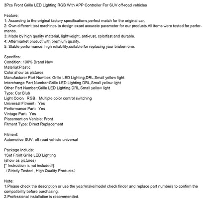 3 pezzi di illuminazione a LED RGB per griglia anteriore con controller APP per veicoli SUV fuoristrada