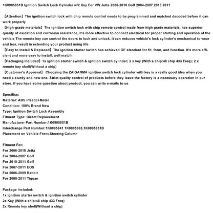 Cilindro di blocco dell'interruttore di accensione Golf 2004-2007 con 2 chiavi 1K0905851B 1K0905865