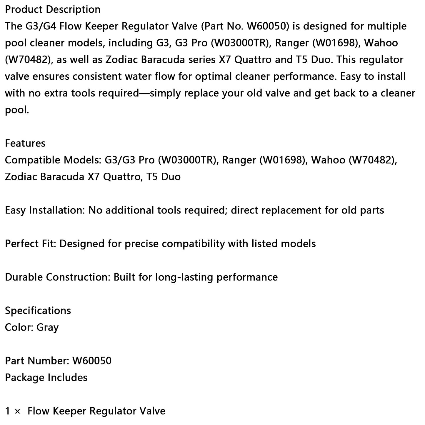 W60050 Valvola regolatrice Flowkeeper per pulitore automatico per piscine W03000TR W01698 W70482