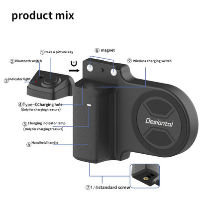 PH-30b Clip per selfie magnetica per telefono cellulare con ventosa magnetica, maniglia per scatto wireless