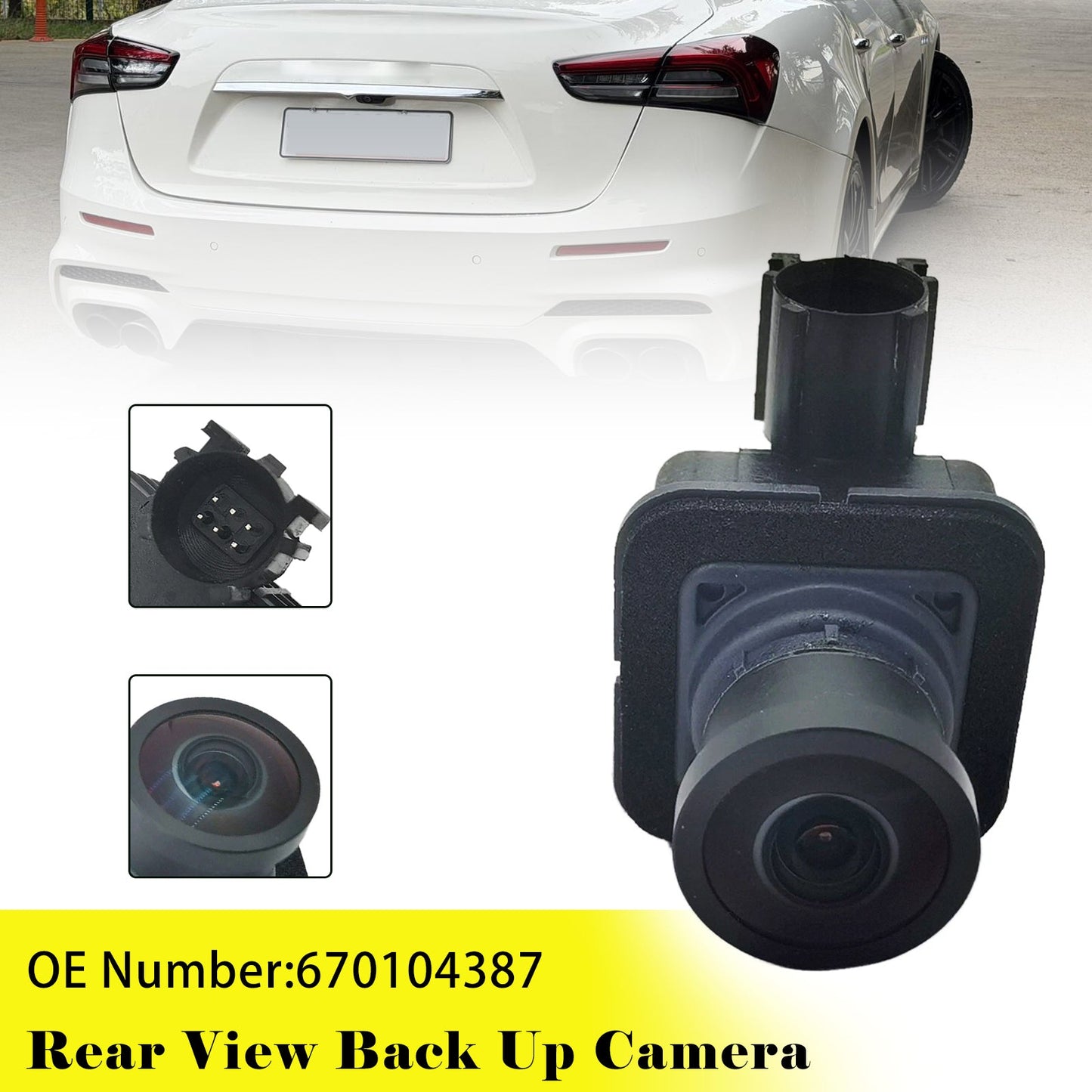 Telecamera posteriore per retromarcia compatibile con Maserati Ghibli 2017-2021, codici prodotto 670104387 e 670039122.