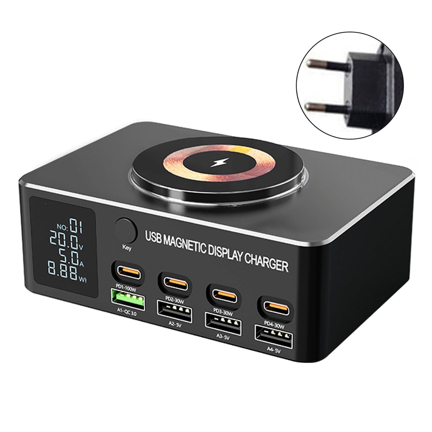 Caricabatterie rapido da 140 W con display digitale intelligente PD100W per telefoni cellulari e notebook, caricabatterie multiporta USB magnetico con ricarica wireless, spina UE