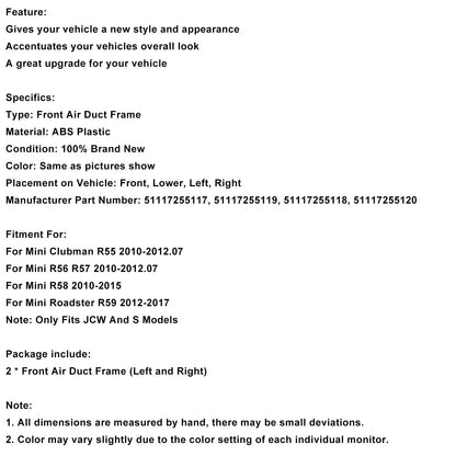 Telaio cromato per condotto dell'aria anteriore 51117255117 per Mini R55 R56 R57 R58 R59 JCW S