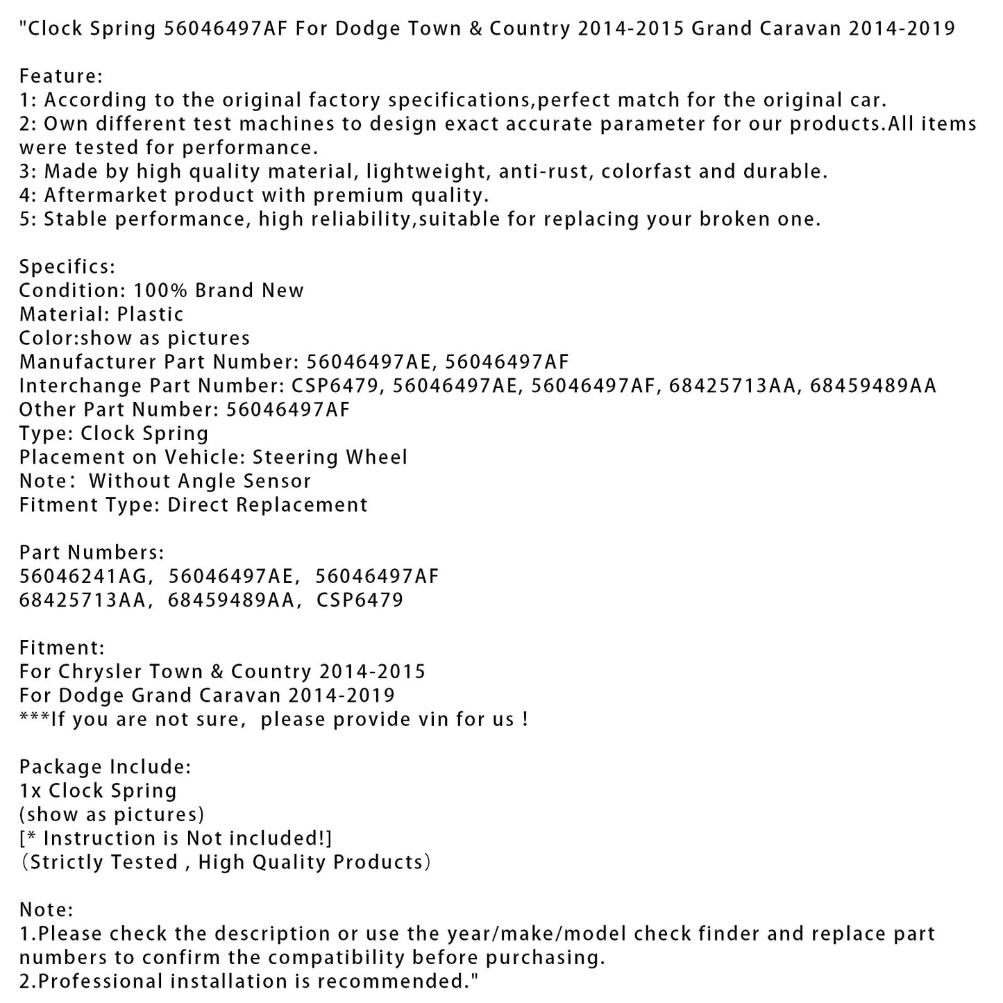 Molla dell'orologio 56046497AF per Dodge Town &amp; Country 2014-2015 Grand Caravan 14-2019