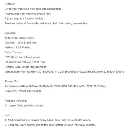 Griglia anteriore Mercedes Benz Classe S W221 S550 S600 S63 S65 2010-2013