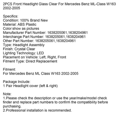 2002-2005 Mercedes Benz Classe ML W163 2 pezzi Vetro trasparente per fari anteriori