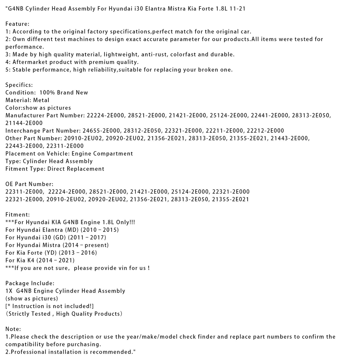 Gruppo testata cilindro Kia Forte (YD) G4NB 2013–2016 22311-2E000 22321-2E000