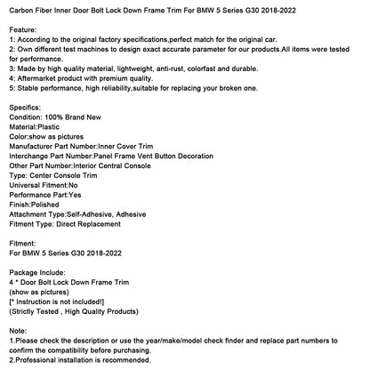 Cornice di bloccaggio del bullone interno della portiera in fibra di carbonio per BMW Serie 5 G30 2018-2022