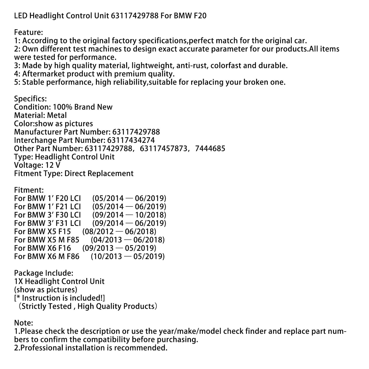 Unità di controllo fari a LED 63117429788 per BMW F20