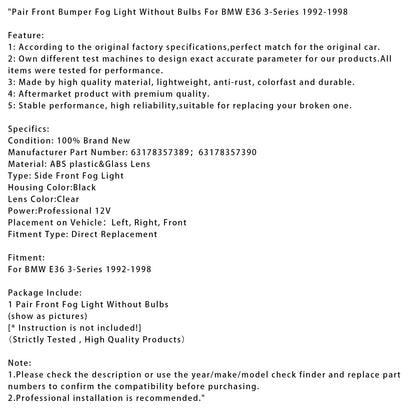 Coppia di fendinebbia anteriori per paraurti BMW E36 Serie 3 1992-1998 senza lampadine