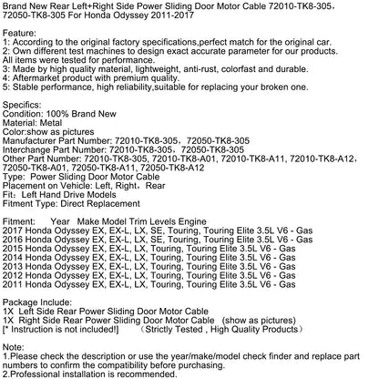 Cavo motore porta scorrevole elettrica lato destro e sinistro posteriore nuovo di zecca per Honda Odyssey 2011-2017