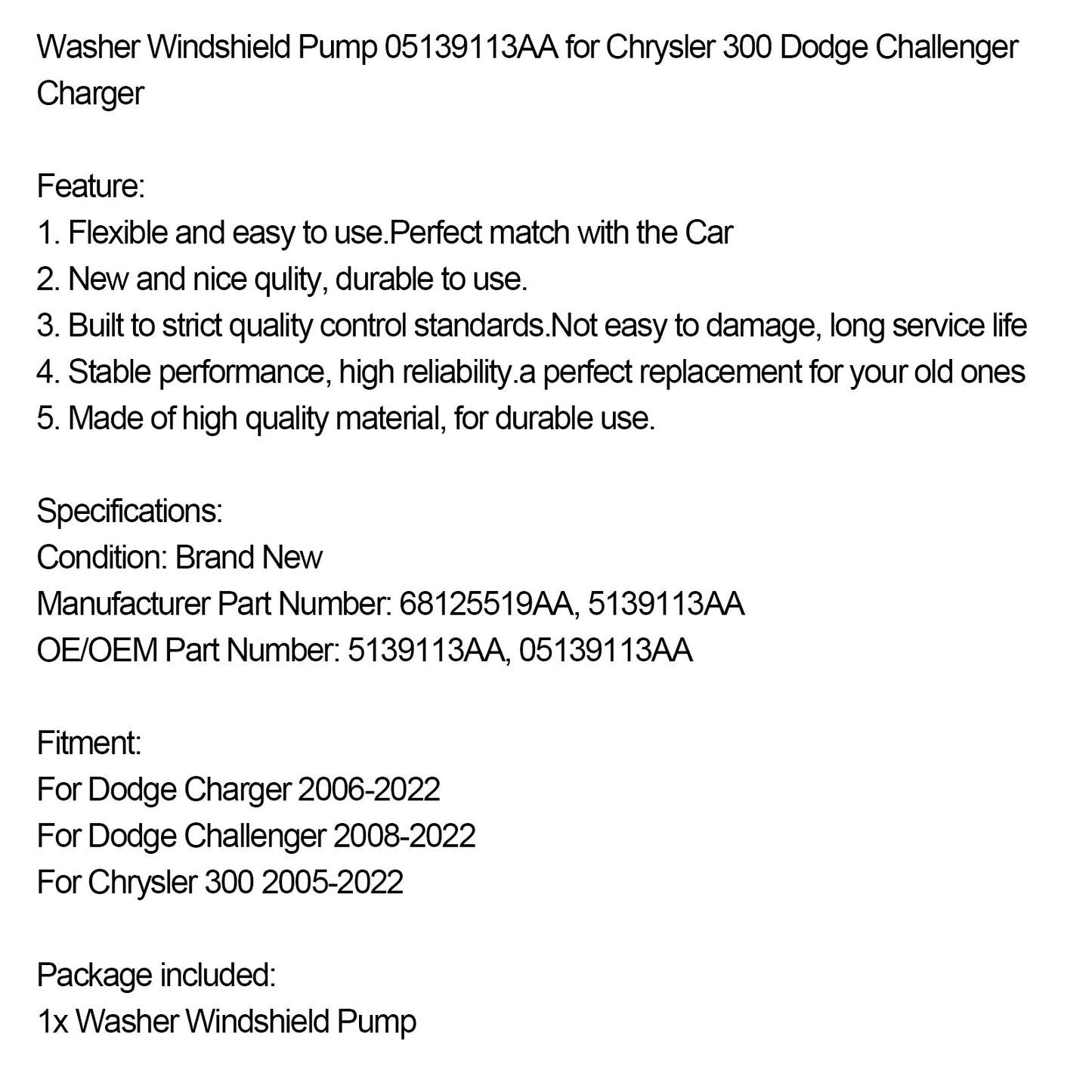 Pompa per parabrezza lavavetri caricabatterie Dodge Challenger Chrysler 300 05139113AA