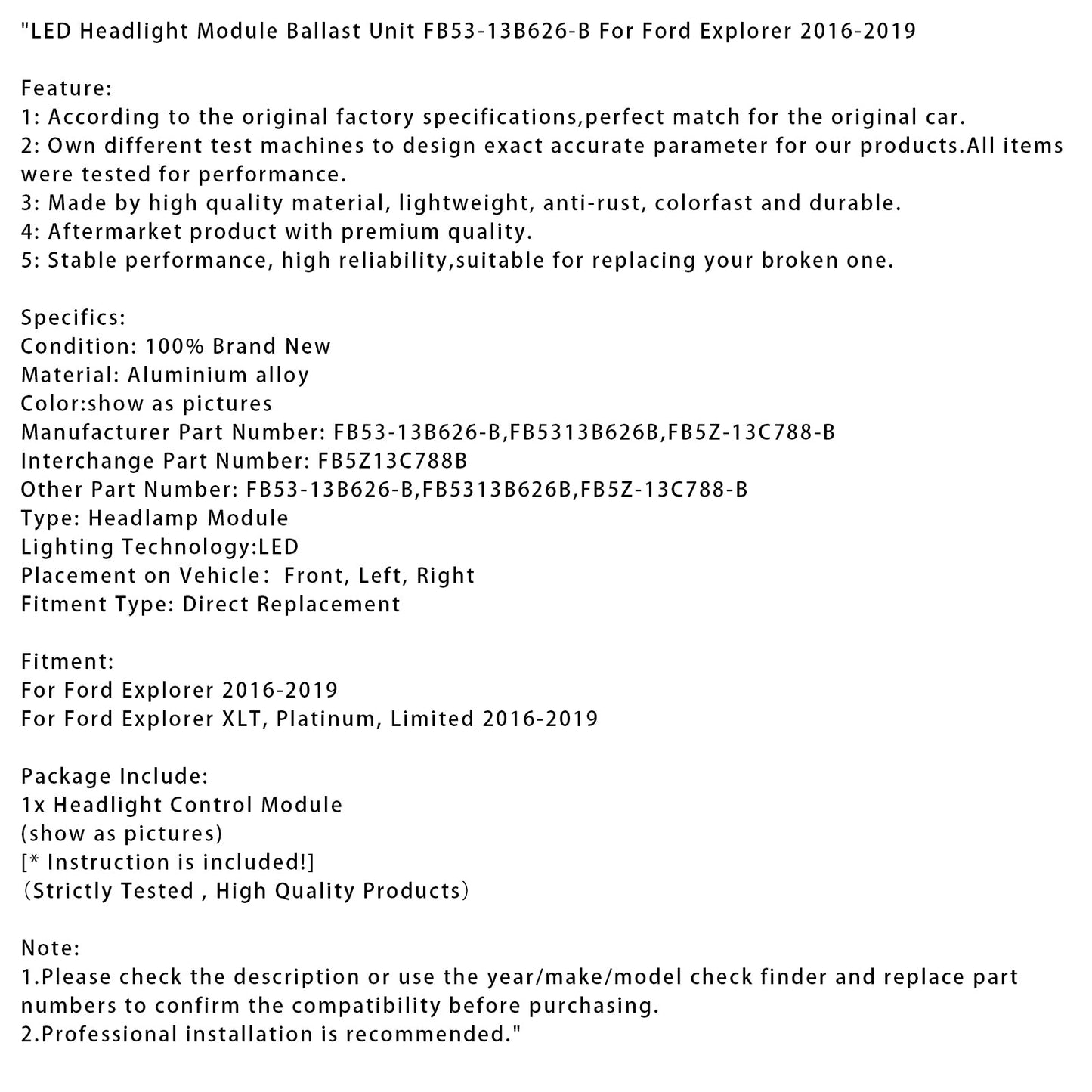 Modulo fari a LED, unità di controllo FB53-13B626-B per Ford Explorer 2016-2019