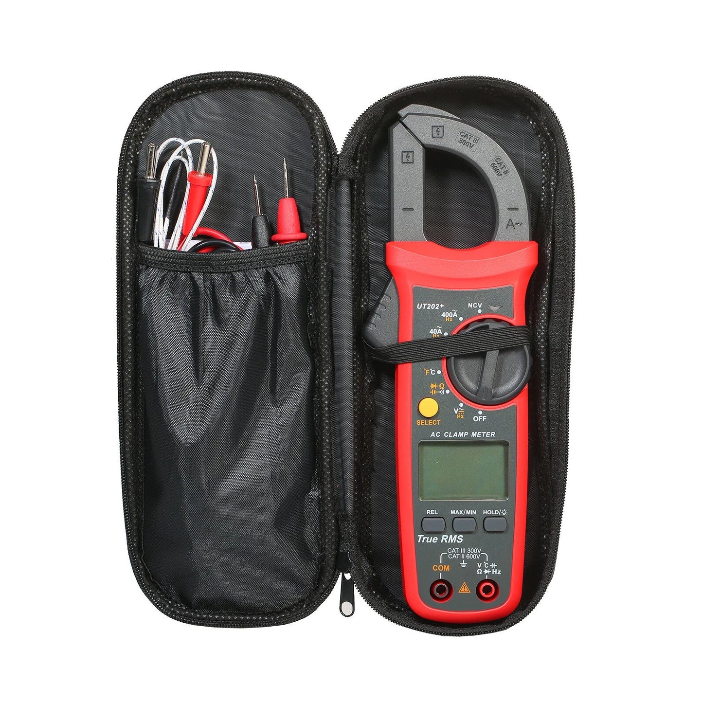 Multimetro portatile UT202+ con selezione automatica della portata, misuratore True RMS a pinza e display LCD.