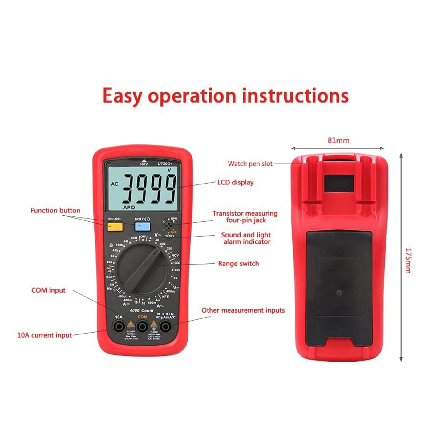 Multimetro digitale UT39C+ Voltmetro AC DC Ohm Cap Diodo Tester