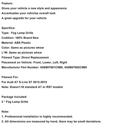 Cornice copri griglia fendinebbia paraurti anteriore nera Audi A7 S-Line S7 2012-2015