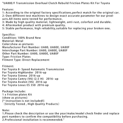 Kit di revisione della trasmissione e ricostruzione della frizione per Toyota Avalon (V6) dal 2016 in poi UA80E/F