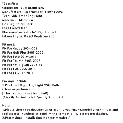 1 pz. Fendinebbia anteriore destro per Volkswagen Caddy 2004-2011 Touran 2003-2008