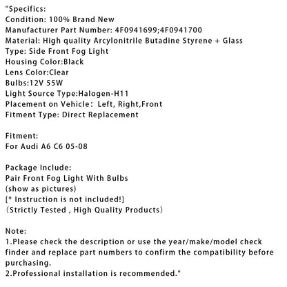 Coppia di fendinebbia anteriori per paraurti Audi A6 C6 2005 2006 2007 2008