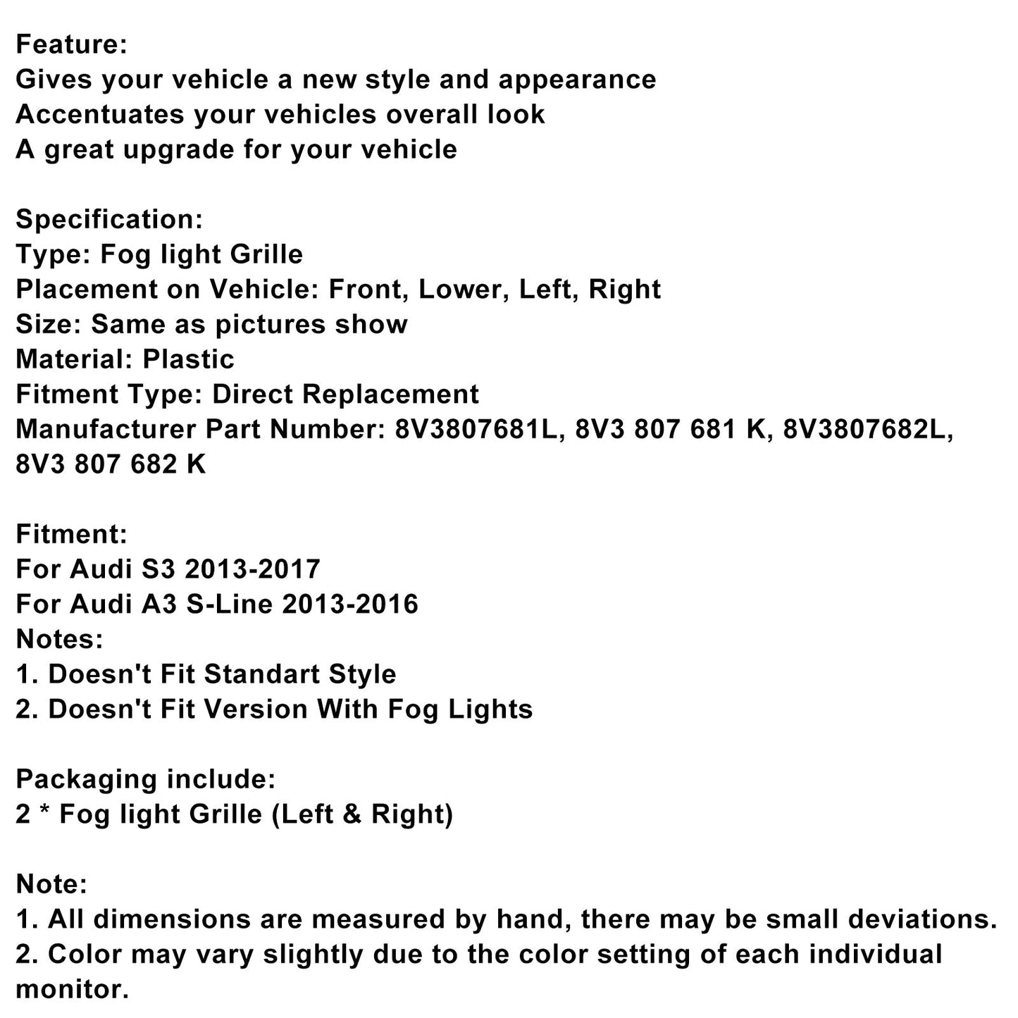 Griglia di copertura inferiore fendinebbia anteriore AUDI A3 S3 S-Line 2013-2016
