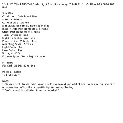 Luce di stop posteriore a LED completa Cadillac DTS 2006-2011, terza luce di stop posteriore, rossa 25844853