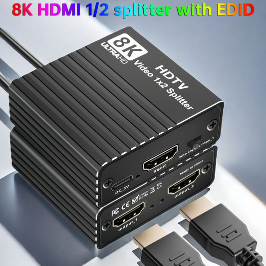 Splitter HDMI 8K 1 a 2 HD2.1 8K60hz/4K120hz/1080P240hz con EDID Splitter 1x2