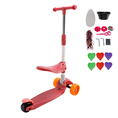 2-in-1 bambini scooter pieghevole seduta luce 3 ruote regolabile pieghevole barra rosa