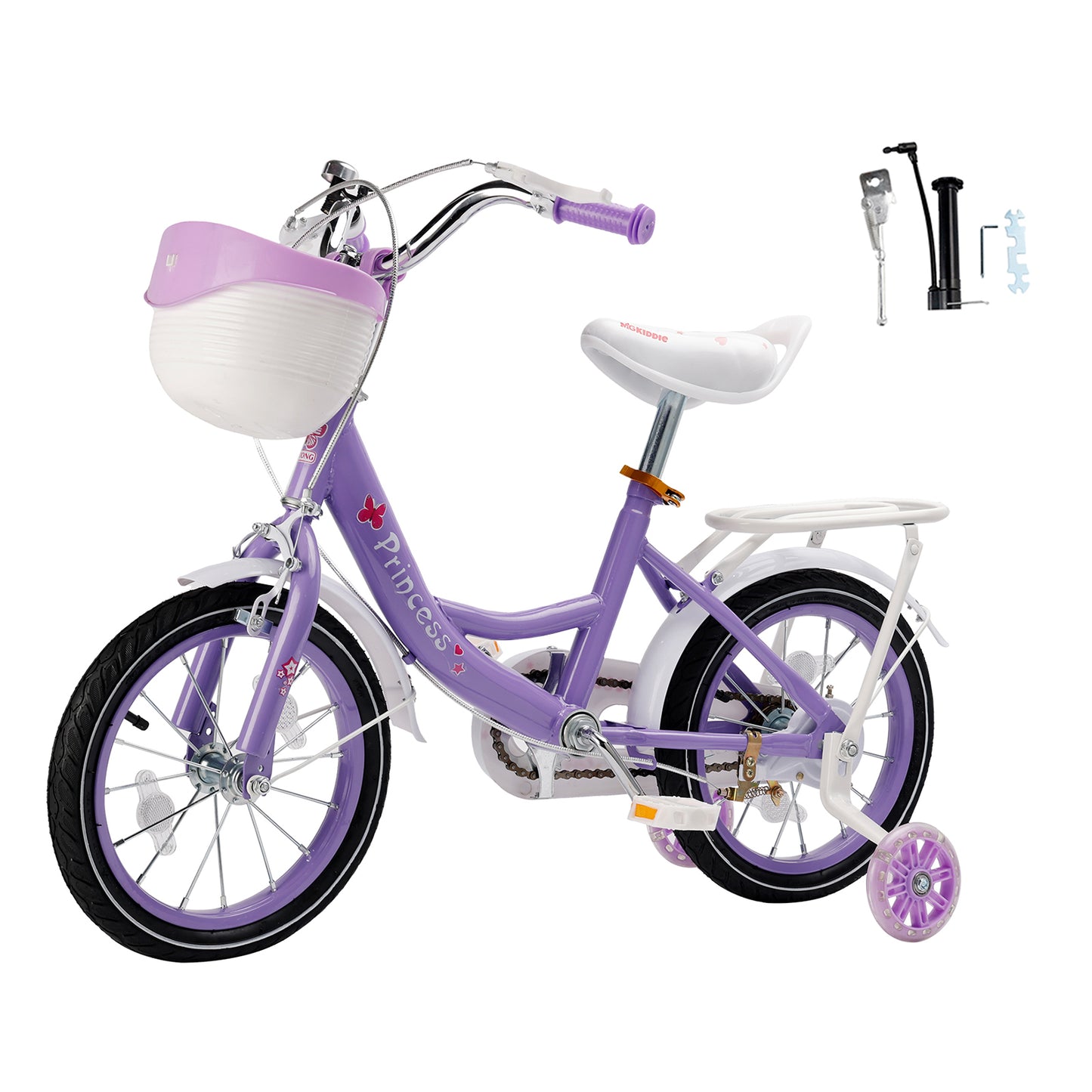 Bicicletta da principessa per bambini da 18" per ragazze, con ruote da allenamento rimovibili, rosa/viola