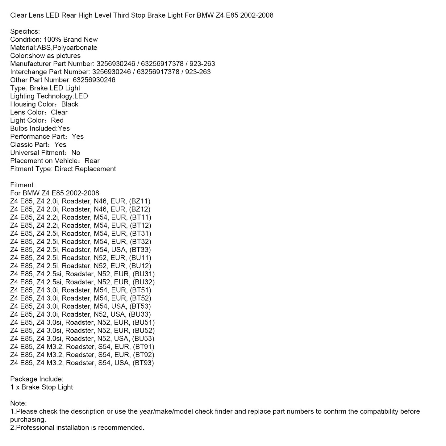 Luce di stop posteriore a LED con lente trasparente e luce di stop di alto livello per BMW Z4 E85 2002-2008