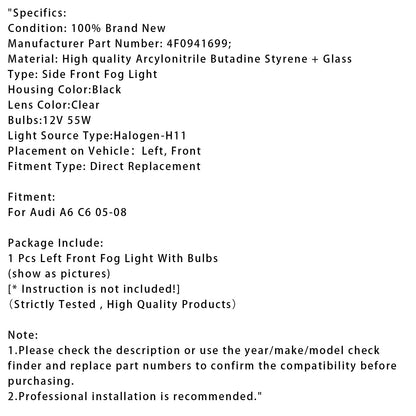 2005 2006 2007 2008 Audi A6 C6 1 pezzo Paraurti anteriore sinistro Fendinebbia